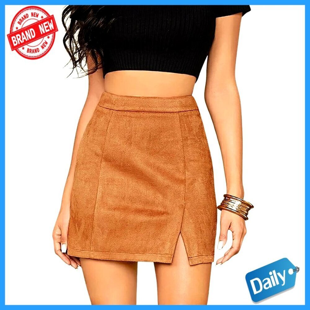 High Waist Faux Suede Bodycon Mini Skirt Side Split Slim Fit
